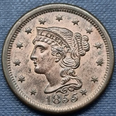1855 Braided Hair Large Cent 1c Knob on Ear High Choice Red Brown BU UNC #63716 - Image 1 of 2