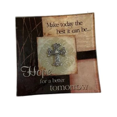 Inspirador Plato de Vidrio Marrón Cristiano con Cruz de Plata Decoración Religiosa Foto 1 de 4