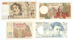 1951 - 1987 France 10 20 50 and 100 Franc Bank Notes Currency Lot of 4 Bills - Picture 1 of 2
