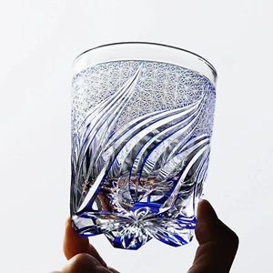Vasos de whisky de cristal Edo Kiriko cortados a mano a azul claro 9 oz embalaje de regalo - Imagen 1 de 14