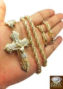 10k Gold Men's Jesus Crucifix Cross Pendent Charm with 24 Inch Rope Chain REAL - Picture 1 of 10