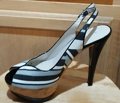 Nine West Cunning Black/Gray Striped Fabric Cork Platform Slingback Heels, 8.5M - Image 1 of 4