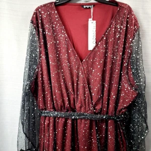 Abito Bloomchic scintillante marrone e nero abito midi trasparente manica lunga taglia 26 NUOVO - Foto 1 di 15