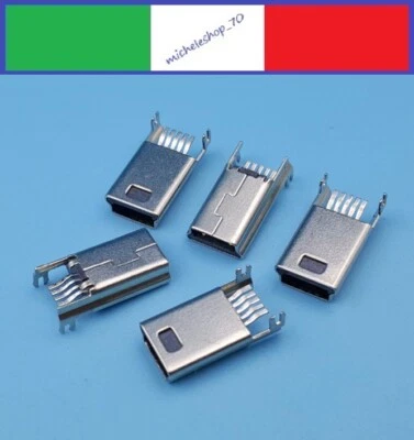 connettore a saldare PCB/SMT mini USB maschio 2 fissaggi verticali 5pin 180°  - Immagine 1 di 4