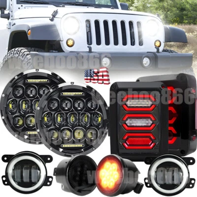 for Jeep 07-17 JK Smoke Tail Light 7" Led Headlight Turn Signal 4" Fog Lamp Kit - Image 1 of 4