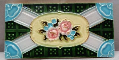 TILE JAPAN MAJOLICA ART NOUVEAU F M VINTAGE ROSE FLOWER DESIGN COLLECTIBLES RARE - Image 1 of 2