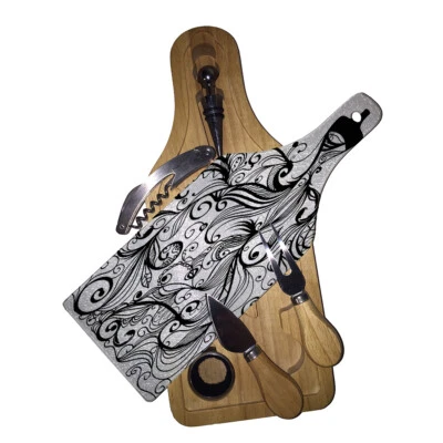 Cutting Board Wine and Glass Cheese Board Gift Set Bride Silhouette SwirlyQ - Image 1 of 3