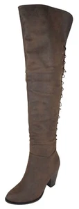 Stivali Forever tacco alto sopra il ginocchio coscia zip dietro pizzo CAMILA-58 marrone scuro - Foto 1 di 4