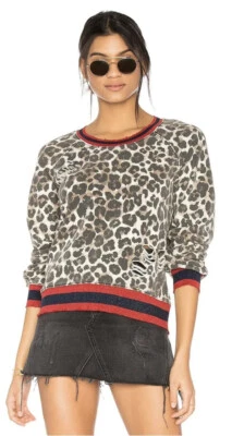 Pam & Gela Leopard Distressed Red & Navy/black Stripe Sweatshirt Size Small - Image 1 of 4
