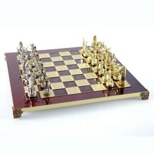 Manopoulos Greek Mythology Chess Set - Brass Nickel Pawns - Red chess Board