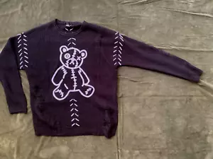 Social Collision goth white teddy bear on black distressed oversized sweater-M - Picture 1 of 8