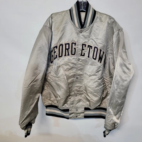 Rare Vintage 80s STARTER NCAA Georgetown Hoyas Silver Satin Jacket Mens XL Cover