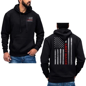 Custom Last Name Firefighter Thin Red Line Vertical Flag Hoodie Sweatshirt - Picture 1 of 2