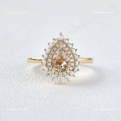 14k Rose Gold 7x5 MM Pear Cut Natural Morganite Cubic Zirconia Pear Women Ring - Image 1 of 4