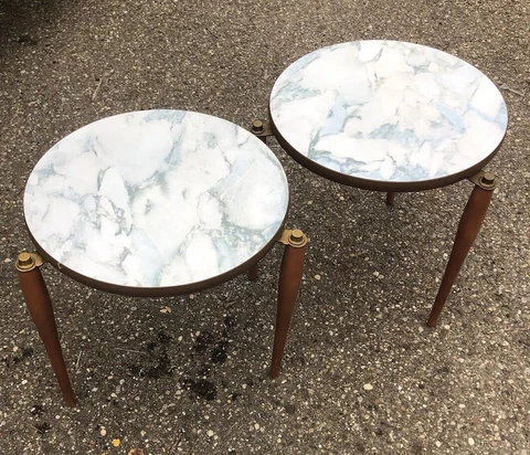 Pair Mid Century Modern Stacking Nesting Wood Tables Laminate Marble Tops 15” Cover
