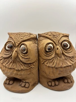 Vtg Whimsical Owl Bookends. Hand Carved Dave Grossman 78 & 79.  Heavy. - Image 1 of 4