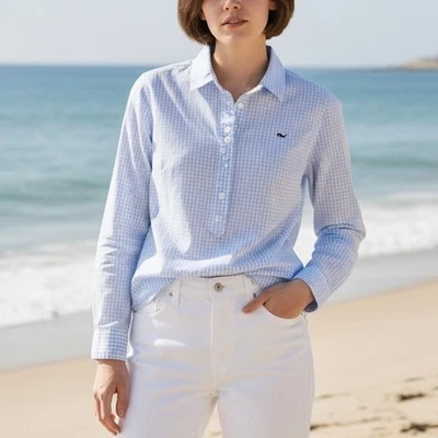 Top Oxford Vineyard Vines talla 4 azul blanco guinga medio botón manga larga para mujer Foto 1 de 4