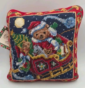 C&J Handmade Woolen Needlepoint  Christmas Sleigh Teddy Bear Red Velvet NWT - Picture 1 of 3