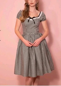 Bardot Beauty Swing Dress in Black & White Gingham,Vixen by Micheline Pitt,M - Picture 1 of 13