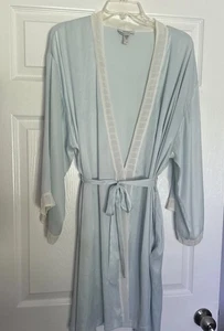 Vera Wang Aqua Chiffon mit Elfenbein Borte Morgenmantel Knielang Bindeband Taille Vera Wang Größe L - Bild 1 von 7