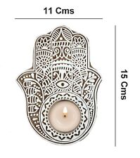 Hamsa Hand Design Wood Tea Light Candle Holder, Handcrafted Fabric Stamp i77-264