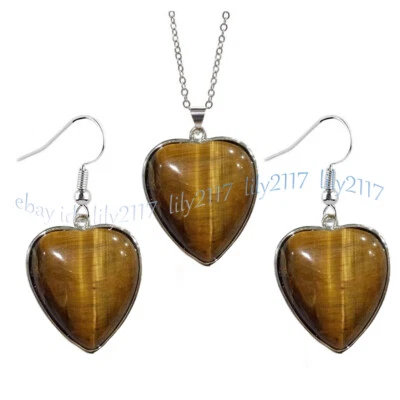 Conjunto de aretes collar cadena plata colgante corazón ojo de tigre amarillo natural 17"" Foto 1 de 4