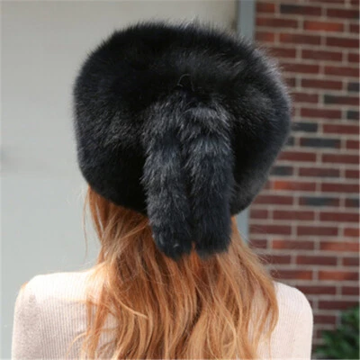 Sombrero de piel de zorro real de piel completa para mujer Russian Ushanka cosaco gorra de esquí borla colas Foto 1 de 2