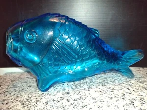 Embossed Fish Bottle Standing Blue Glass Fish. 8" x 4.5" B-30 Vintage Fish Decor - Picture 1 of 7