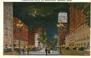 Vintage Postcard Washington Boulevard Scenic View By Moonlight Detroit Michigan - Picture 1 of 2
