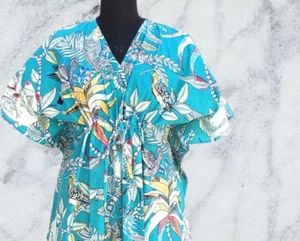 Ropa de playa Vestido de noche de caftán de algodón estampado de bosque azul verdoso - Imagen 1 de 3