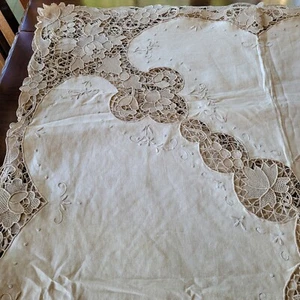 Vintage Cream Embroidered Madeira Point De Venise Lace Tablecloth 12 Napkins 215 - Picture 1 of 19