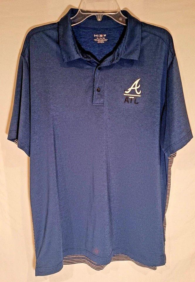 Atlanta Braves Navy Blue Under Armour HEATGEAR Polyester Blend Polo Size XL - Image 1 of 4