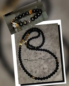 Lucky Dragon Gold AA Matte Black 10mm Healing Gemstone Beaded Mens Yoga Necklace - Picture 1 of 3