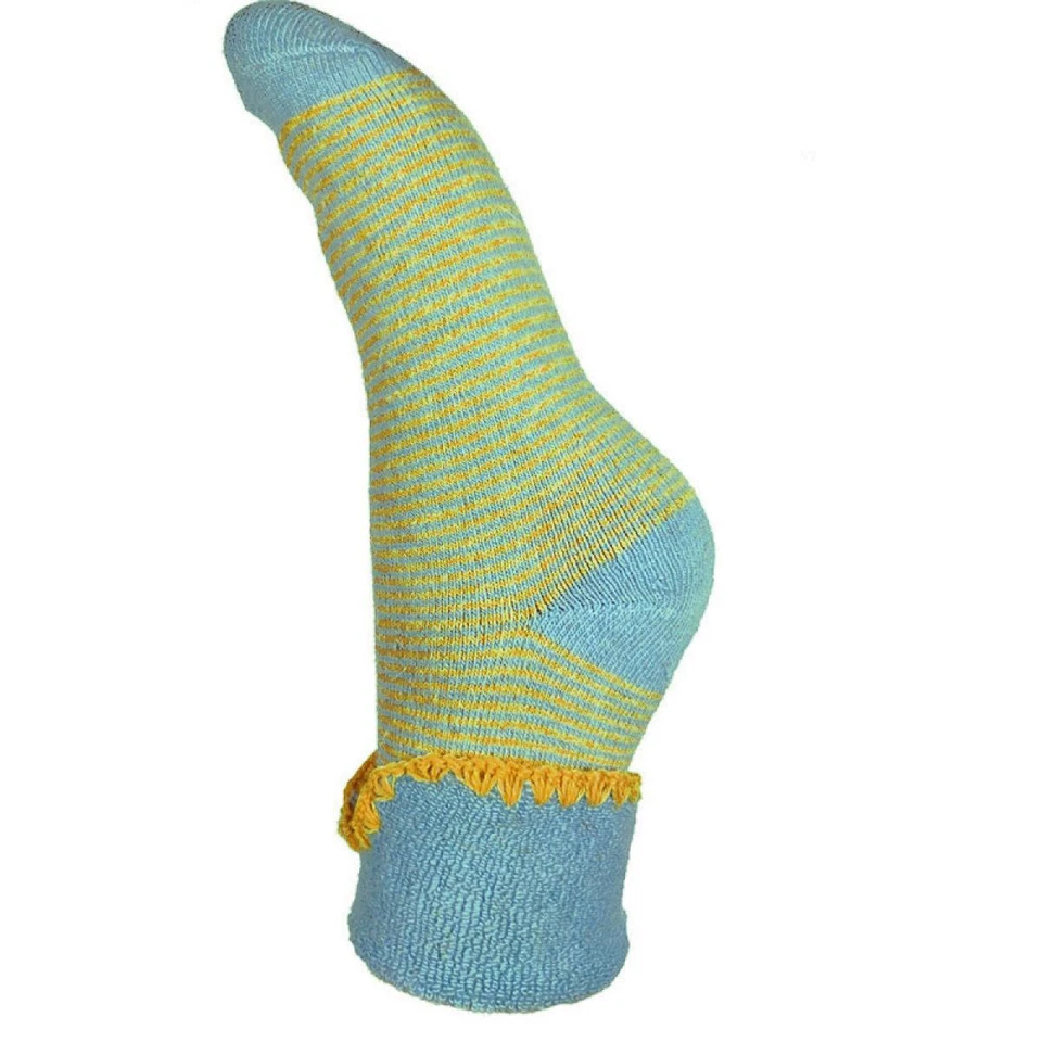 Bed Socks Womens Striped Joya Ladies Cuffed Soft Wool Blend Aqua & Mustard 4-7 — 第 1/1 张图片