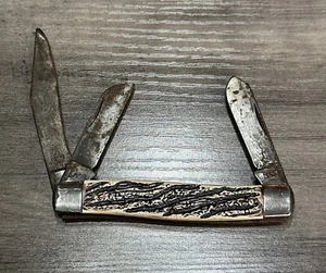 COLONIAL Knife Made In USA Three Blade STOCKMAN Plastic Bone Handle VTG Folder - Picture 1 of 15