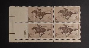 US Plate Block  of 4 - Scott #1154 Pony Express 4 Cent Stamps 1960 - Picture 1 of 2
