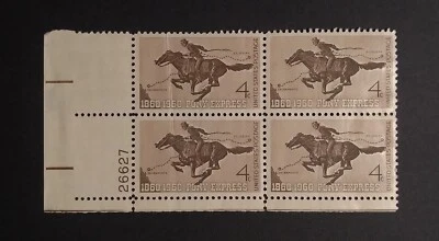 US Plate Block  of 4 - Scott #1154 Pony Express 4 Cent Stamps 1960 - Image 1 of 2