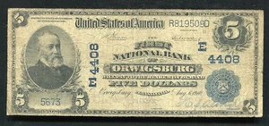 1902 $5 THE FIRST NATIONAL BANK OF ORWIGSBURG, PA NATIONAL CURRENCY CH. #4408 - Picture 1 of 2