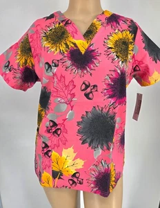 Womens Scrub Top Butter-Soft by UA Cotton Blend Pink Sunflowers Pockets - Picture 1 of 4