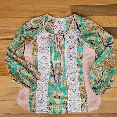 Top Meadow Rue Anthropologie Talla M Verde Giada Crochet Campesino Boho Festival Foto 1 de 4