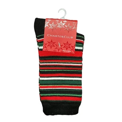 Charter Club Womens Black Red Green White Stripe Crew Socks Sz 9-11 - Image 1 of 2