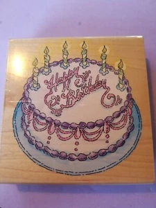 1997 Stampendous! Happy Birthday cake rubber wood mounted stamp - Picture 1 of 3