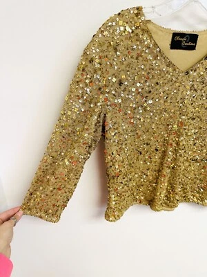 Vintage Classic Creations Womens Large Petite Gold Sequin Star Holiday Glam Top - Image 1 of 4