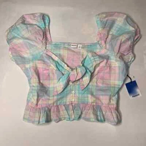 Abound Adult Top M Pink Teal Adley Plaid Short Sleeve Puff Front Tie Crop Women - Picture 1 of 5
