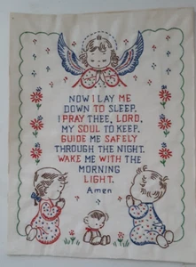 Vtg Sweet Embroidered A Childs Sampler Prayer NOW I LAY ME DOWN TO SLEEP Angel - Picture 1 of 2