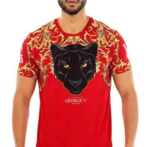 Avenue George V Paris T-Shirt Black Panther Rhinestone Men's Red Shirt - Picture 1 of 4