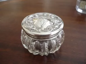 Antique glass dresser jar with sterling top monogrammed “BRD” in fancy script - Picture 1 of 6