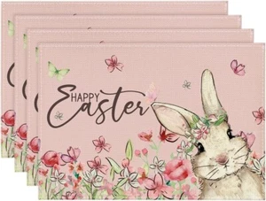 Pink Bunny Rabbits Flower Happy Easter Placemats Set of 4, 12X18 Inch Seasonal S - Picture 1 of 6