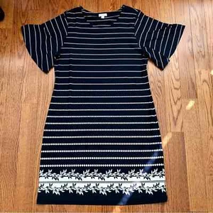 CHARTER CLUB Dots Stripes Floral Navy Blue Cream Flutter Sleeves Dress Size XXL - Picture 1 of 9