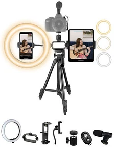 10-Inch LED Ring Light, Adjustable 50-Inch Tripod Stand, w Phone + Tablet Holder - Picture 1 of 8